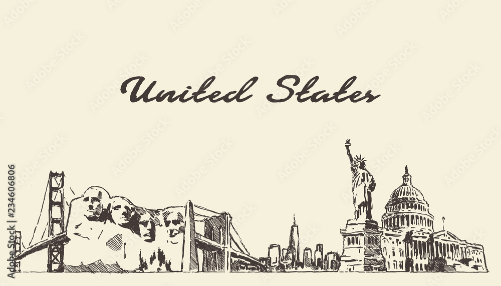 USA skyline vintage engrav illustration hand drawn