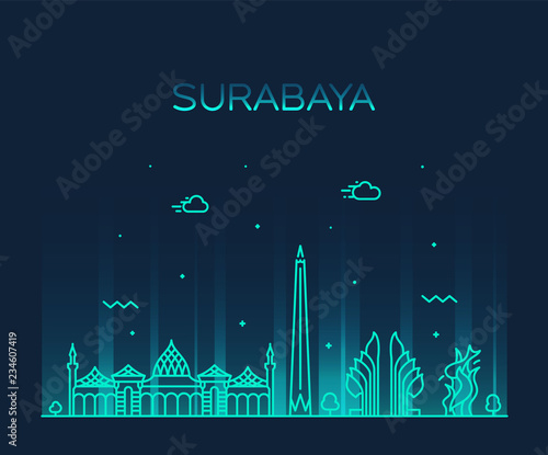 Surabaya skyline East Java Indonesia vector linear