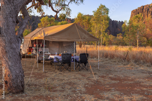Off Road Camper Trailer setup up in the late afternoon at the camping area at Windjana Gorge, Gibb River Road, Kimberley Region, Western Australia.