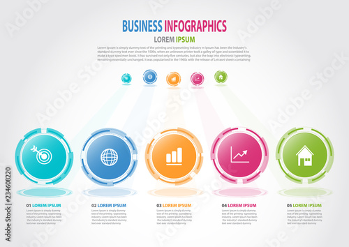 Infographics business template with 5 options for Presentation, Sale forecast, Web design, Improvement, Step by Step