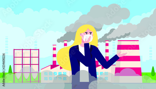 Confused woman wearing mask against smog. Fine dust, air pollution, industrial smog protection concept flat style design vector illustration. Industrial factory pipes with huge clouds of smoke behind.