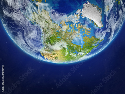 North America from space on realistic model of planet Earth. Extremely fine detail of planet surface and clouds.