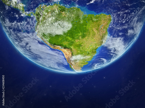 South America from space on realistic model of planet Earth. Extremely fine detail of planet surface and clouds.