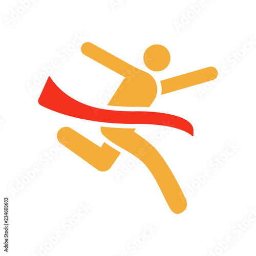 Character crossing the finish line. Vector trendy flat glyph icon illustration design for sports, business and personal development concepts related with winning, success and achievement.
