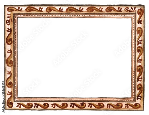Watercolor hand painted wood carved picture frame isolated on white background