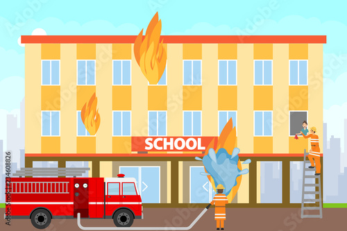 Firefighters extinguish a burning building. Firefighters on a fire truck extinguish the school building with water. Vector illustration of extinguishing the fire.