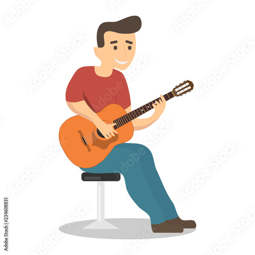 A man plays the guitar. A man sits on a chair and plays the guitar. Vector illustration.