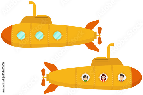 Yellow submarine. Two cartoon yellow submarines. Flat design, vector.