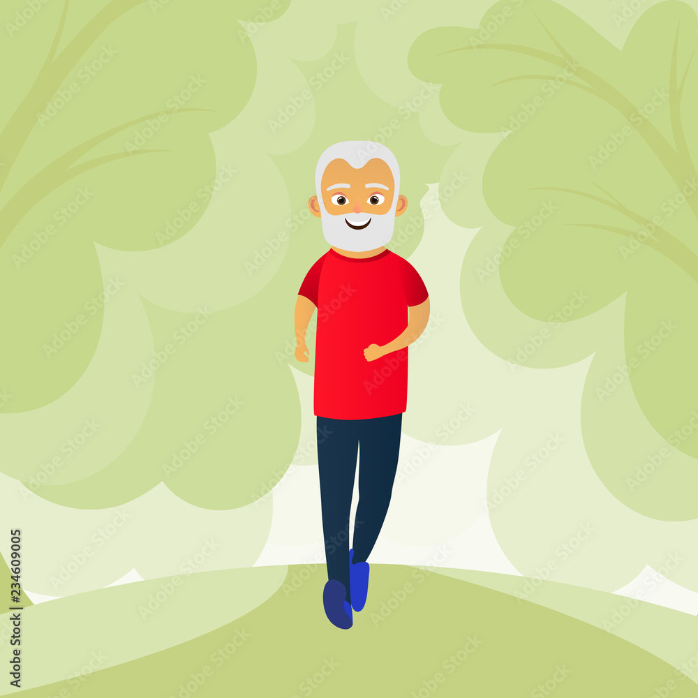Happy old men dressed in sports clothing doing fitness, running. Active elderly man. Cartoon character. Vector illustration
