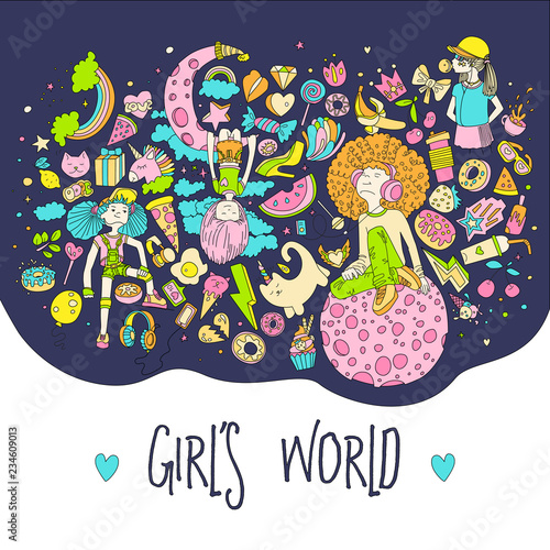 Colored Set of teenage girl icons, cute cartoon teen objects with quote, fun stickers design vector in teenager girls concept. Doodle icon set for teenagers. Colored hand drawn pizza, unicorn, sweets.