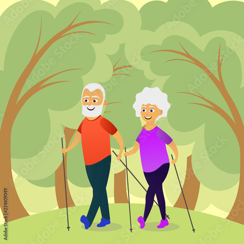 Seniors nordic walking. Old man and woman walking together. Elderly people active lifestyle. Vector illustration