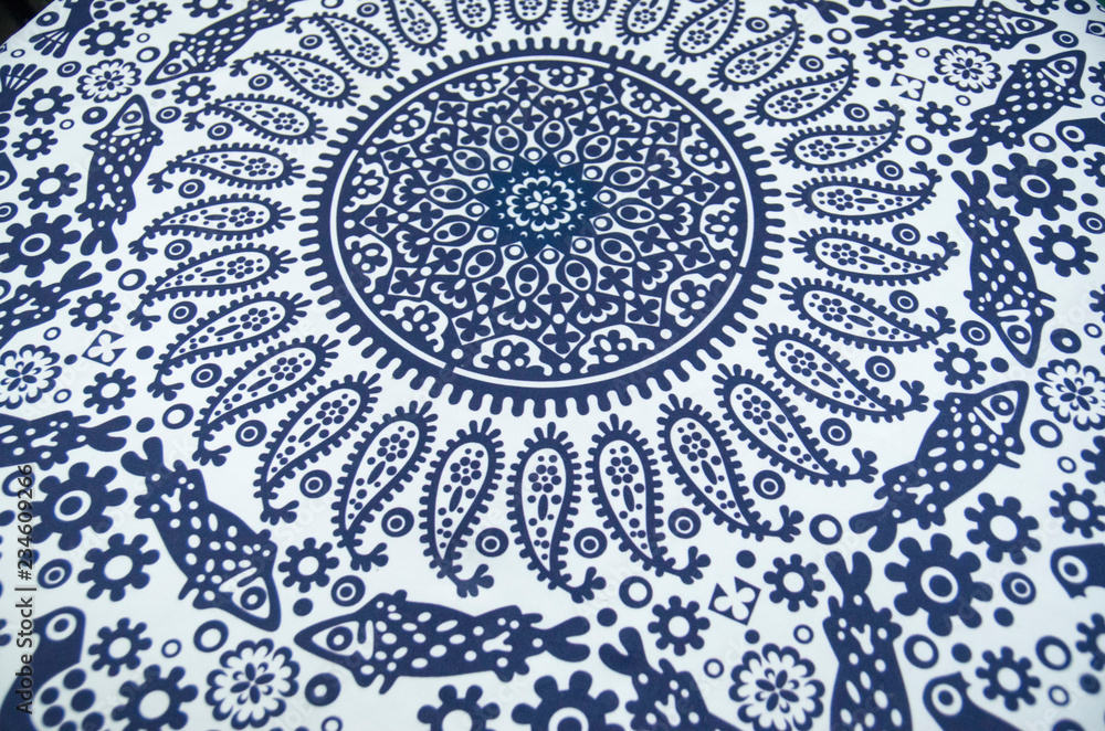 Traditional Georgian crafts textile lurji supra - blue and white tablecloth