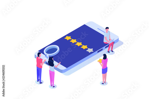 Customer review, Usability Evaluation,  Feedback,  Rating system isometric concept. Vector illustration
