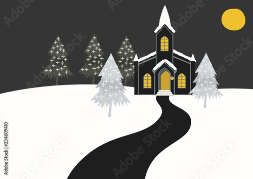 教会のある風景。 教会のある景色のイラストレーション。教会のある雪の風景。