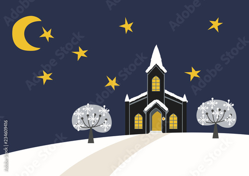 教会のある風景。 教会のある景色のイラストレーション。教会のある雪の風景。