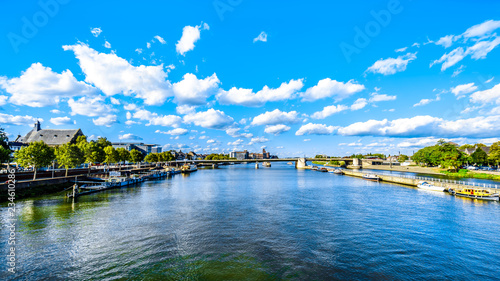 The Maas River (Meuse) as it flows through the historic city of Maastricht in the Netherlands. Viewed from the Sint Servaasbrug (St. Servatius Bridge)
