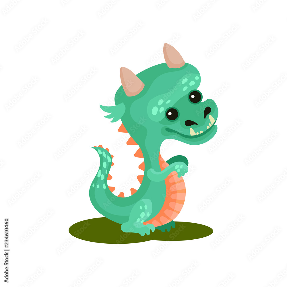 Fototapeta premium Turquoise baby dragon with funny muzzle. Cute fairytale animal with small horns and long tail. Flat vector icon
