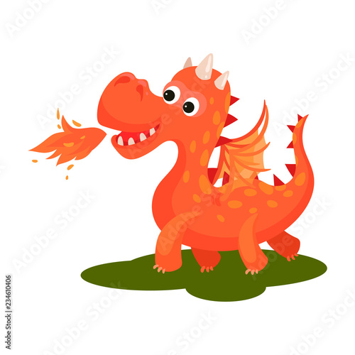 Adorable red dragon breathing with fire. Cute creature with wings and long tail. Fantastic animal. Flat vector design