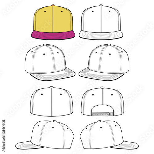 Snapback cap set Fashion flat technical drawing vector template 