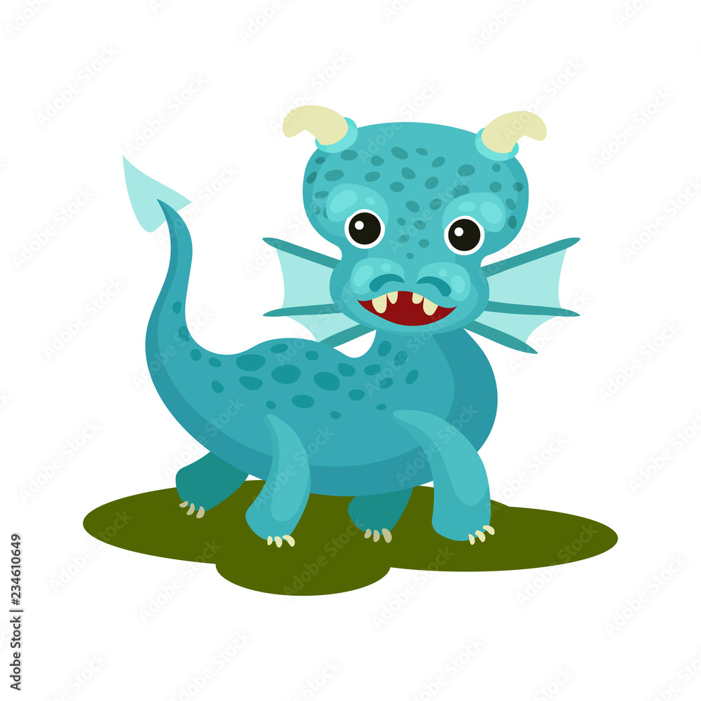 Flat vector icon of blue baby dragon with small wings, horns and long tail. Mythical creature with cute muzzle Flat vector icon of blue baby dragon with small wings, horns and long tail. Mythical creature with cute muzzle