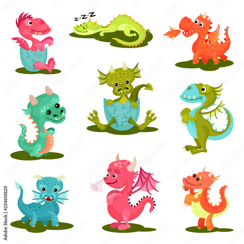 Flat vector set of cute baby dragons. Mythical creatures. Fantastic animals with wings, horns and long tails