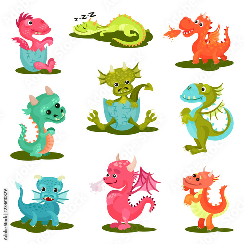 Fototapeta Naklejka Na Ścianę i Meble -  Flat vector set of cute baby dragons. Mythical creatures. Fantastic animals with wings, horns and long tails