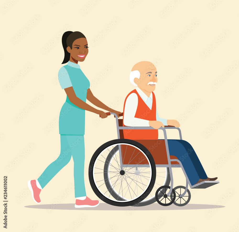 Nurse strolling with elder grey haired man in wheelchair. Vector flat style illustration Nurse strolling with elder grey haired man in wheelchair. Vector flat style illustration
