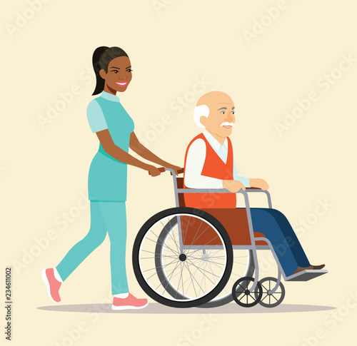 Nurse strolling with elder grey haired man in wheelchair. Vector flat style illustration