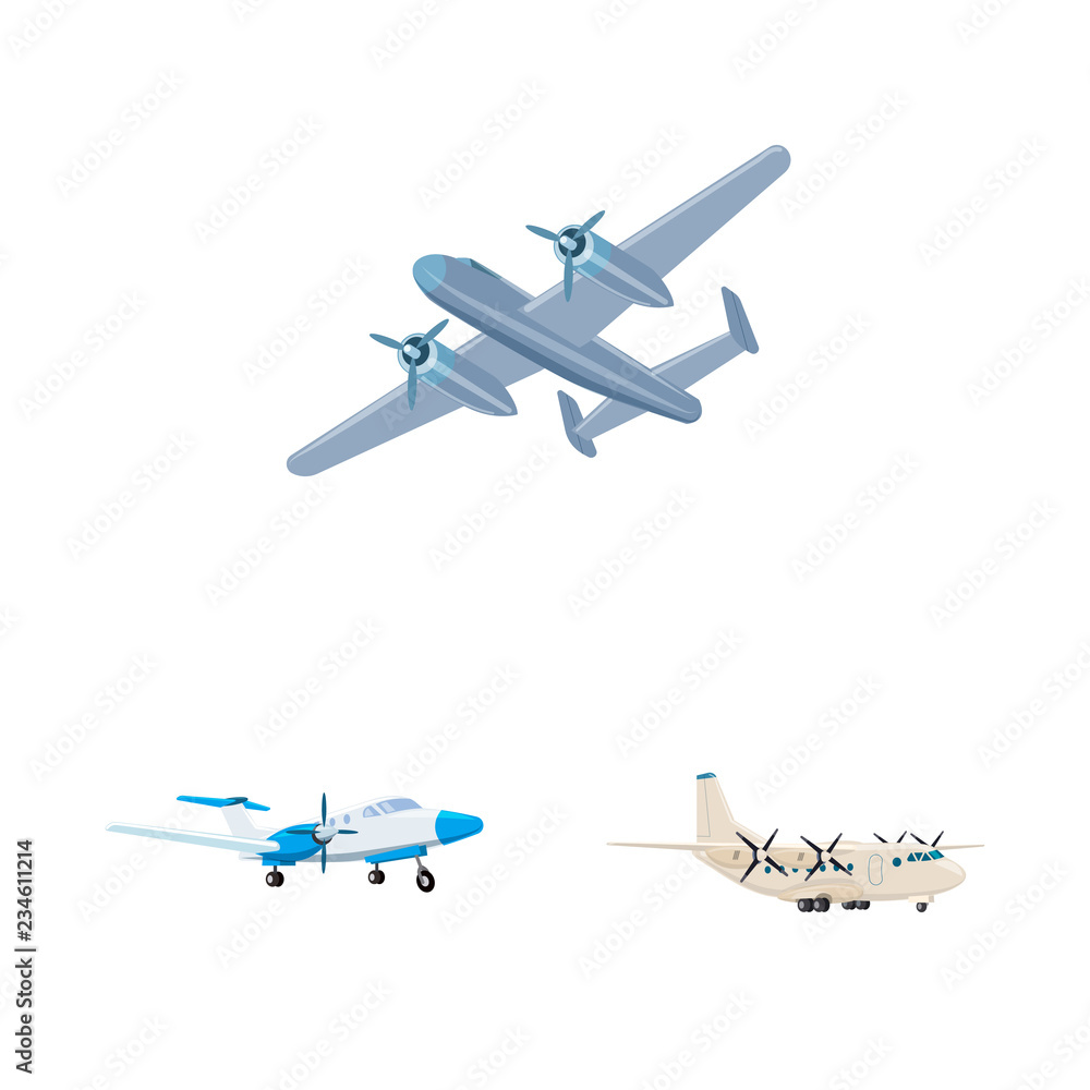 Vector design of plane and transport logo. Collection of plane and sky stock vector illustration.