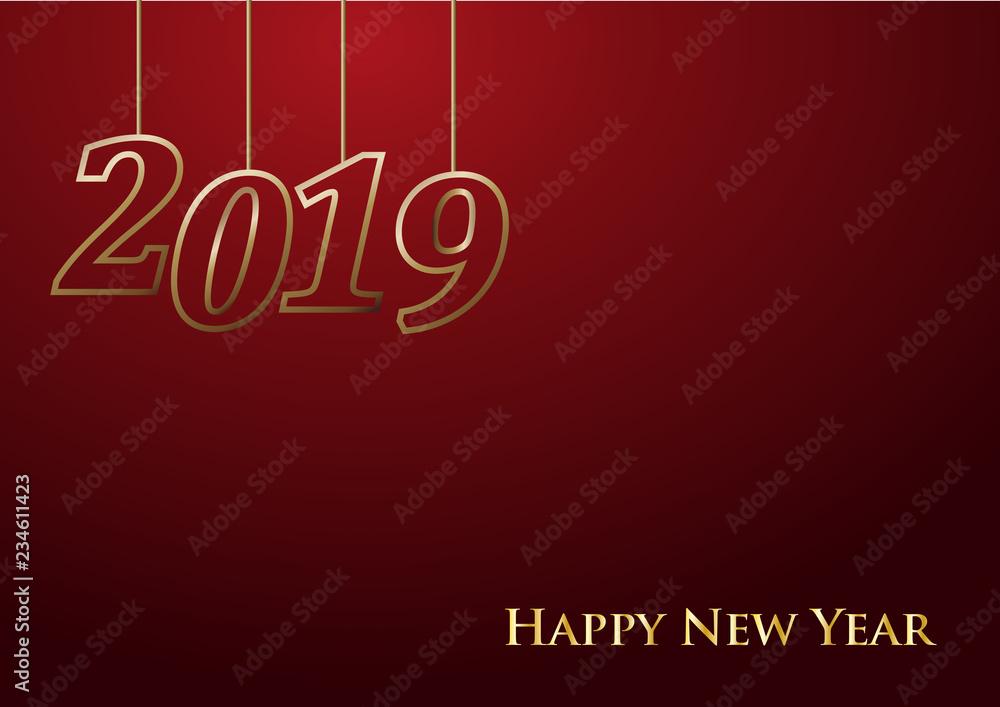 2019 Happy New Year celebrate card with holiday greetings, vector golden hanging text 2019 Happy New Year celebrate card with holiday greetings, vector golden hanging text