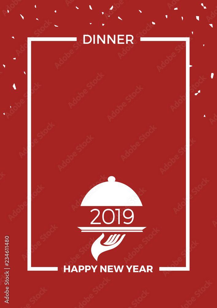 Naklejka 2019, New Year's Eve dinner, template for poster, cover and menu. Vector illustration