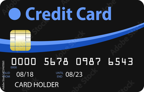 Black credit card with blue and sky blue curves. Valid until 2023