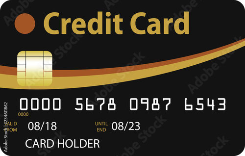 Black credit card with gold  curves. Valid until 2023
