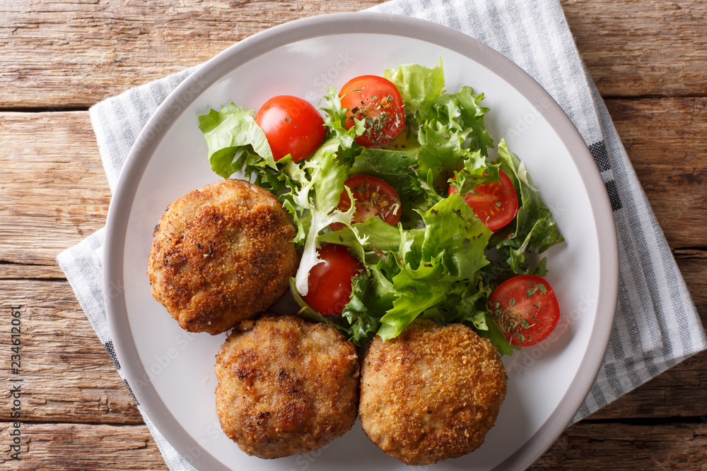 Karbonader Breaded Pork Patty Recipe with fresh vegetable salad close-up on a plate. horizontal top view Karbonader Breaded Pork Patty Recipe with fresh vegetable salad close-up on a plate. horizontal top view