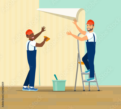 Two workers glues wallpaper at home. Vector flat style illustration