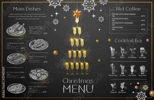 Christmas menu design with golden champagne glasses. Restaurant menu. Pyramid of champagne glasses photo