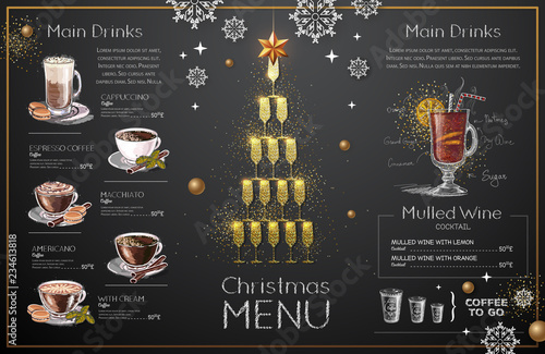 Christmas menu design with golden champagne glasses. Restaurant menu. Pyramid of champagne glasses