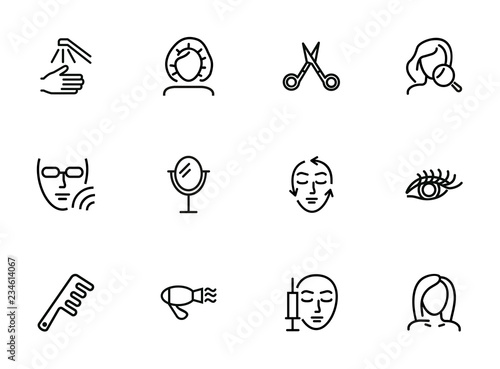 Beauty care line icon set. Hair dryer, solarium, barber scissors. Beautician concept. Can be used for topics like beauty salon, cosmetology, aesthetic dermatology