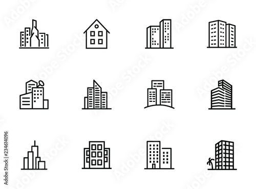 Buildings line icon set. Office, house, block of flats. City concept. Can be used for topics like residential accommodation, real estate, property