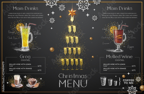 Christmas menu design with golden champagne glasses. Restaurant menu. Pyramid of champagne glasses