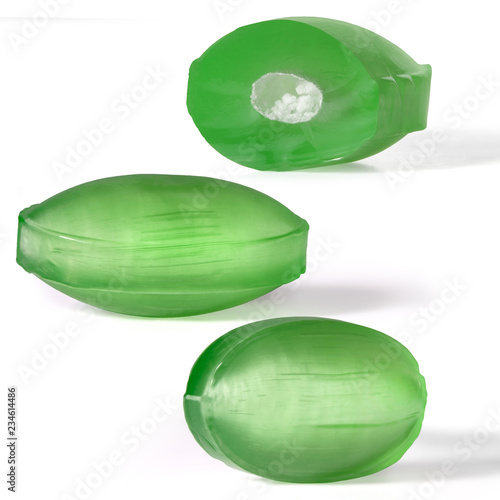 Green fruit caramel with filling, hard sugar candies, boiled sweets