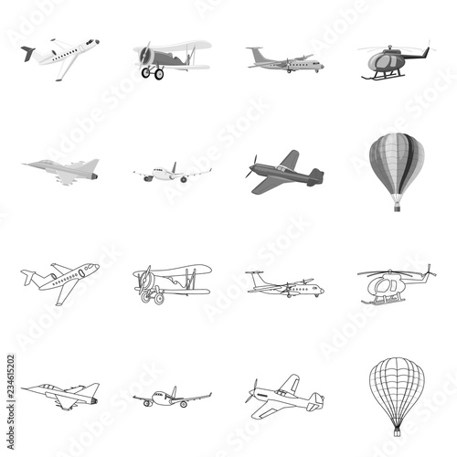 Isolated object of plane and transport logo. Collection of plane and sky vector icon for stock.