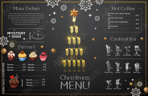 Christmas menu design with golden champagne glasses. Restaurant menu. Pyramid of champagne glasses photo