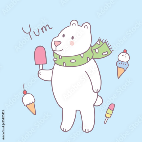 Cartoon cute polar bear and ice cream vector.