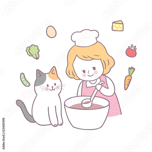 Cartoon cute  girl and cat cooking vector.