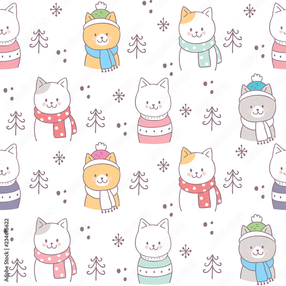 Cute seamless pattern winter cats vector.