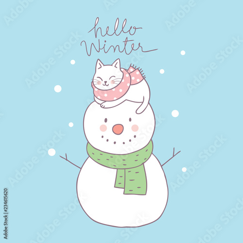 Cartoon cute cat sleeping on snowman vector.