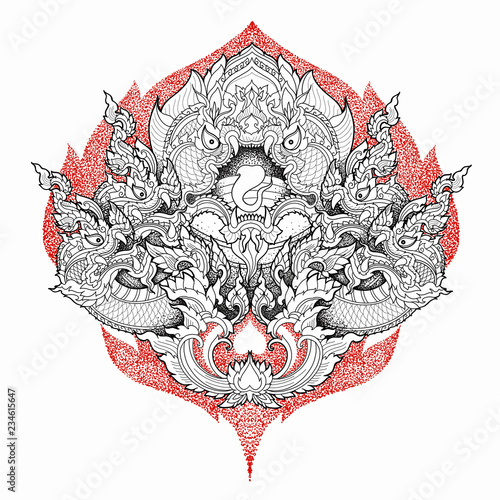 Hand drawn Thai Dragon or Serpent King of Naga, Five Heads Serpent king Drawing on white background, Thai Art digital design.