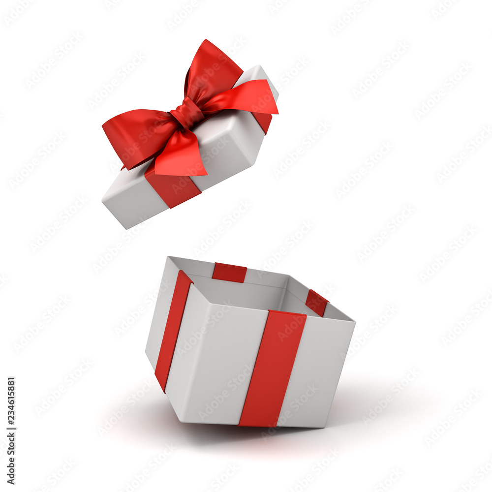 Open gift box or blank present box with red ribbon bow isolated on
