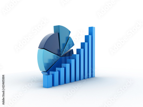 3d rendered pie chart graph with up arrow isolated on white background